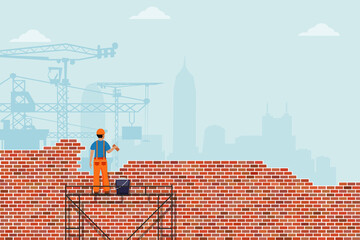 Builder laying bricks on wall cartoon vector illustration