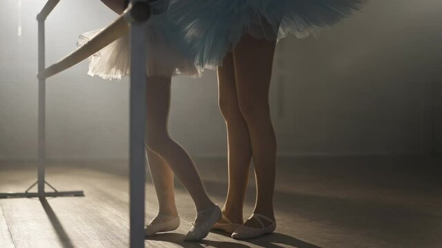 Slim female legs of young woman and little girl in tutu at ballet barre in backlit fog. Unrecognizable teacher and student in dancing studio at rehearsal indoors. Choreography and education