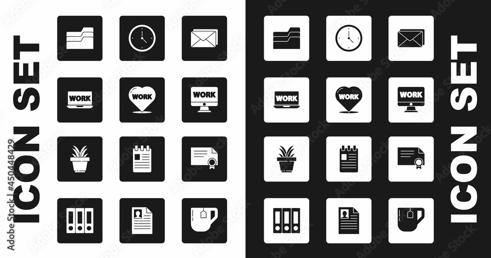 Poster set envelope, heart with text work, laptop, document folder, monitor, clock, certificate template an