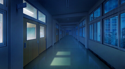 High school corridor balcony in the dark night, Anime background, 2D illustration	
