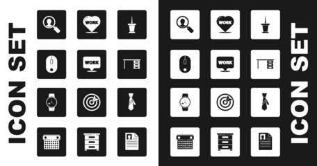 Set Push pin, Location with text work, Computer mouse, Magnifying glass for search people, Office desk, Heart, Tie and Wrist watch icon. Vector