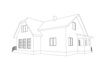 Suburban house sketch. Black line 3D model isolated on white background. Vector architectural design. 