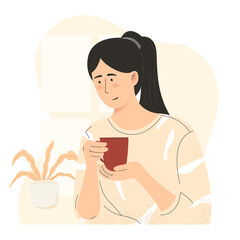 young girl drinking coffee flat illustration morning coffee