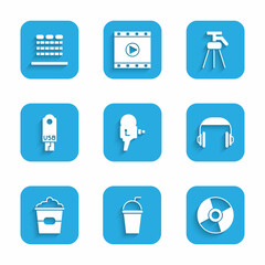 Set Retro cinema camera, Paper glass with straw, CD or DVD disk, Headphones, Popcorn box, USB flash drive, Tripod and Cinema auditorium seats icon. Vector