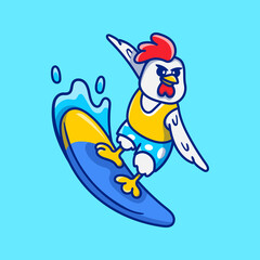 cute chicken playing surfing illustration