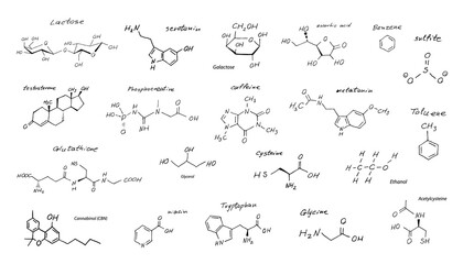 Hand Drawn Chemistry Formula Set, Sketched Molecule Formulas