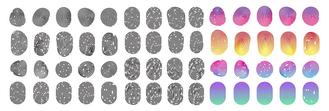Fingerprint icon set, finger print identity symbol, thumbprint sign