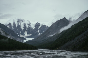 Atmospheric alpine landscape with mountain streams from snowy mountains in overcast weather. Bleak monochrome scenery with glacier tongue in mountain valley in rainy weather. Glacier among low clouds.