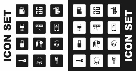 Set Digital door lock, Password protection, Key broke inside of padlock, Safe combination, Mobile and graphic password, Casting keys, Broken cracked and Lock icon. Vector