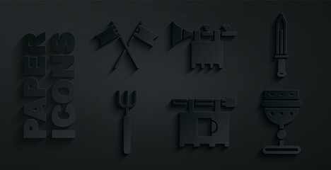 Fototapeta premium Set Street signboard with Bar, Medieval sword, Garden pitchfork, goblet, Trumpet flag and Crossed medieval icon. Vector