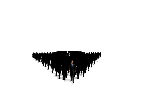 Businessmen crowd forming arrow shape pointing right, hd, against white