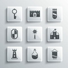 Set Old bottle of wine, Medieval flag, Castle, fortress, chained mace ball, tower, Shield, key and Quiver with arrows icon. Vector