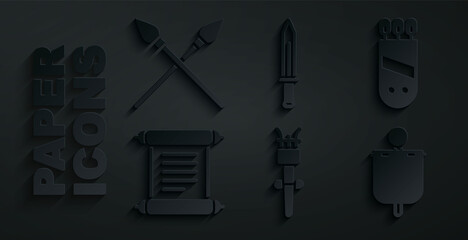 Set Torch flame, Quiver with arrows, Decree, parchment, scroll, Medieval flag, sword and Crossed medieval spears icon. Vector