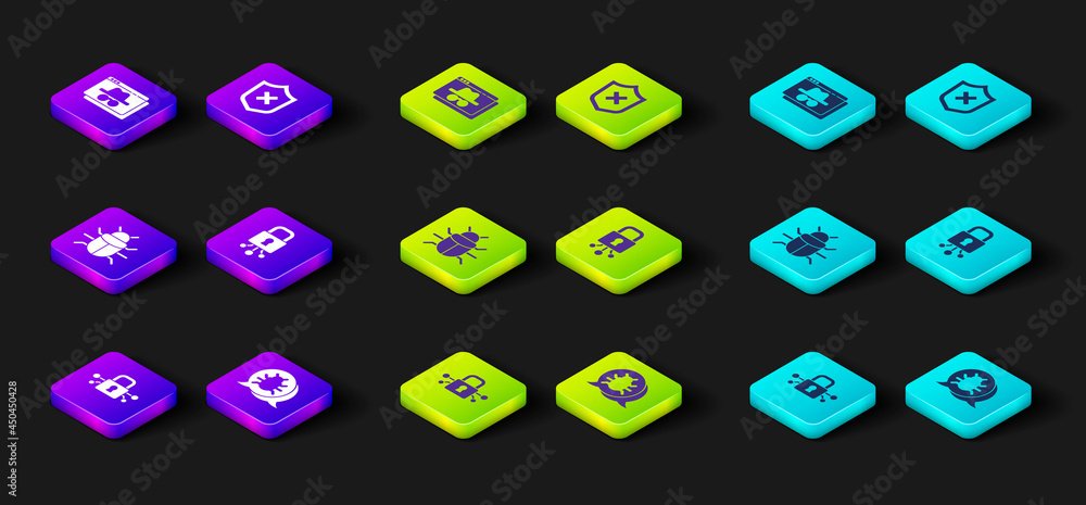 Poster set cyber security, system bug, shield with cross mark and browser incognito window icon. vector
