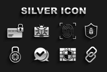 Set Check mark in speech bubble, System bug, Chain link, Shield with brick wall, Safe combination lock, Fingerprint, Credit card and monitor icon. Vector