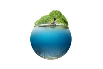 Asian woman paddling a kayak on the lake with an underwater view