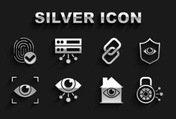 Fototapeta premium Set Eye scan, Shield and eye, Cyber security, House with, Chain link, Fingerprint and Server, Data, Web Hosting icon. Vector