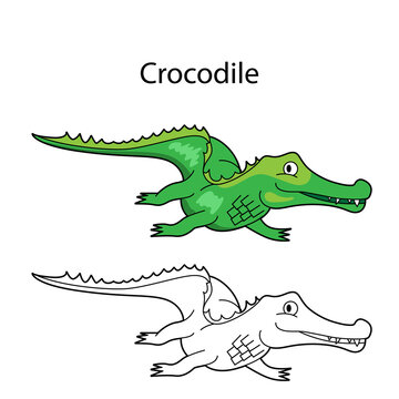 Funny cute animal crocodile isolated on white background. Linear, contour, black and white and colored version. Illustration can be used for coloring book and pictures for children