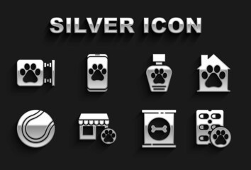 Set Veterinary hospital, Pet house, Dog pill, Canned food, Tennis ball, shampoo, clinic and icon. Vector