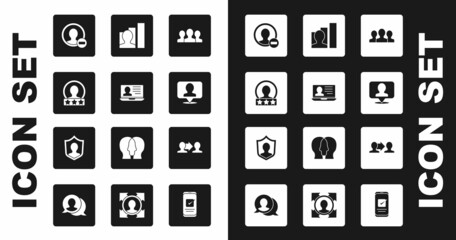 Set Users group, Laptop with resume, Create account screen, Location person, Productive human, Project team base and protection icon. Vector