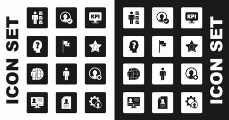 Set Key performance indicator, Location marker, Head with question, User of business suit, hunting, Create account screen, and icon. Vector