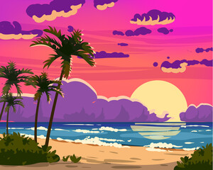 Fototapeta na wymiar Sunset Ocean Tropical resort landscape. Sea shore beach, sun, exoti csilhouettes palms, coastline, clouds, sky, summer vacation. Vector illustration cartoon style