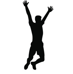 Silhouette of a man, a boy of black color in a jump with his hands up. Flat style. Vector image isolated.