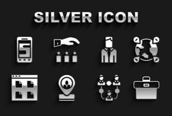 Set Worker location, Location the globe, Briefcase, Project team base, Browser files, Chat messages phone and Boss with employee icon. Vector