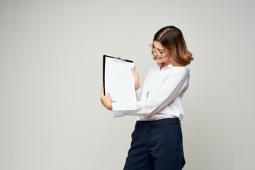 Business woman in white shirt documents work Copy Space