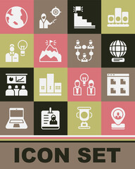 Set Worker location, Browser files, Worldwide, Stair with finish flag, Mountains, Human lamp bulb, Earth globe and Project team base icon. Vector