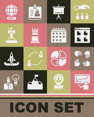 Set Training, presentation, Project team base, Browser files, Chalkboard, Business strategy, Stage stand or tribune, Worldwide and Calendar icon. Vector