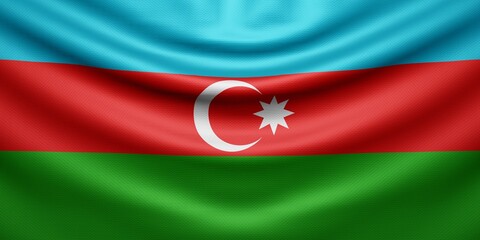 Hanging wavy national flag of Azerbaijan with texture. 3d render.