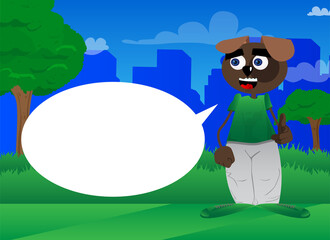 Funny cartoon dog pointing at the viewer with his hand. Vector illustration.