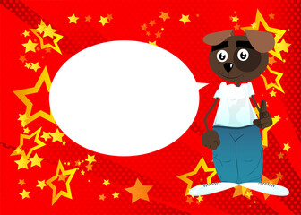 Funny cartoon dog pointing at the viewer with his hand. Vector illustration.