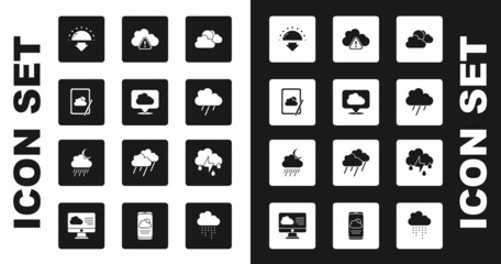 Set Sun and cloud weather, Location, Weather forecast, Sunset, Cloud with rain, Storm warning, lightning and moon icon. Vector