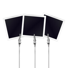 Three photo frames on a metal memo holders clips. Photos, memories card on wire silver clamps over white background. Photo album. Vector illustration. - 450452439