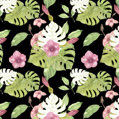 Tropical flowers and leaves seamless pattern , watercolor hand drawn - 450452466