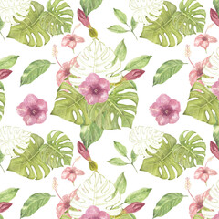 Tropical flowers and leaves seamless pattern , watercolor hand drawn - 450452467