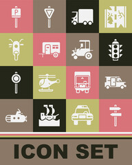 Set Road traffic signpost, Minibus, Traffic light, Delivery cargo truck, Rv Camping trailer, Scooter, Parking and Tractor icon. Vector