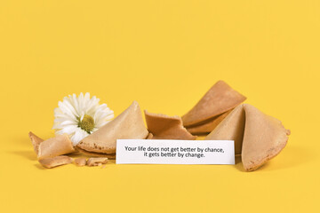 Note in fortune cookie saying 'Your life does not get better by chance, it gets better by change'...