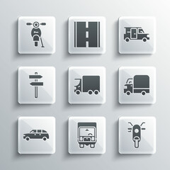 Set Delivery cargo truck, Scooter, Hatchback, Road traffic signpost, and Minibus icon. Vector