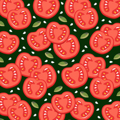Tomatoes, sesame and pumpkin seeds. Stylized vector pattern on a green background. Flat illustration.