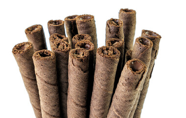 Crispy waffle sticks with filling on a white background