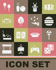Set Game dice, Lollipop, Burger, Magician hat and rabbit, Tree, Picnic table with chairs, Balloons and Juggling ball icon. Vector