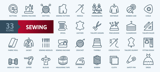 Sewing equipment and needlework  - thin line web icon set. Outline icons collection. Simple vector illustration. - 450453265
