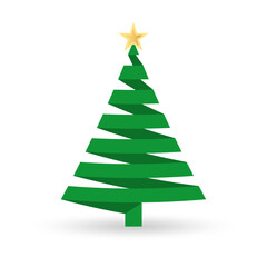 Christmas tree icon with paper stripe or ribbon. Xmas card design template. Vector illustration.