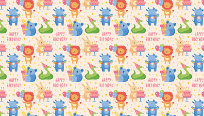 Happy birthday pattern, banner, background. Cute animal lion, rhino, koala, rabbit, snake. Present box, balloons, cake, lettering. Holiday decoration. Vector kids children illustration.