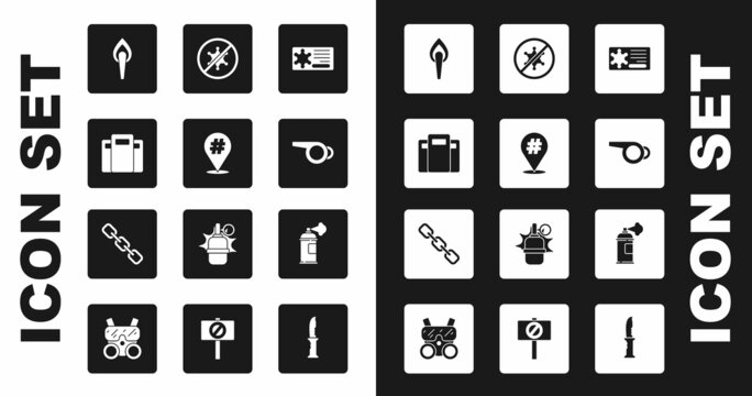 Set Police badge, Protest, assault shield, Torch flame, Whistle, Paint spray can and Chain link icon. Vector