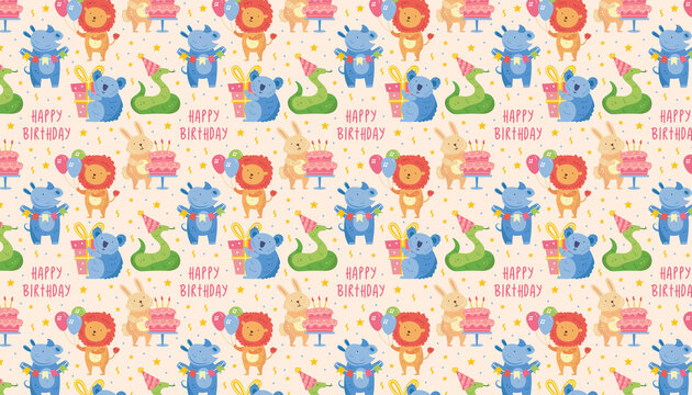 Happy birthday pattern, banner, background. Cute animal lion, rhino, koala, rabbit, snake. Present box, balloons, cake, lettering. Holiday decoration. Vector kids children illustration.