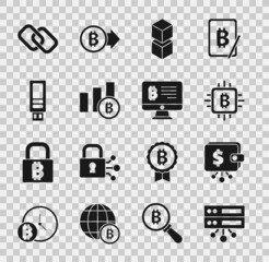 Fototapeta premium Set Server, Cryptocurrency wallet, CPU mining farm, Blockchain technology, Pie chart infographic bitcoin, USB flash drive, Chain link and Mining from monitor icon. Vector